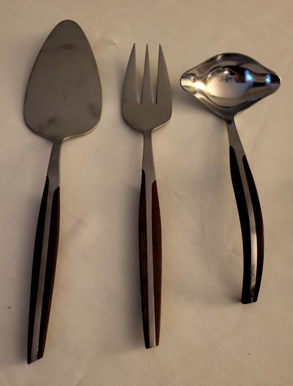 3 PCE VTG Eldan Flatware Stainless Steel Wood Handles Gravy Ladle Pie Slice Fork